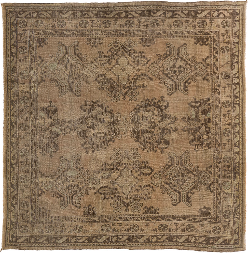 8' x 8' one-of-a-kind handmade vintage Oushak rug. Color palette: brown, light gray, off-white, orange, pink, tan