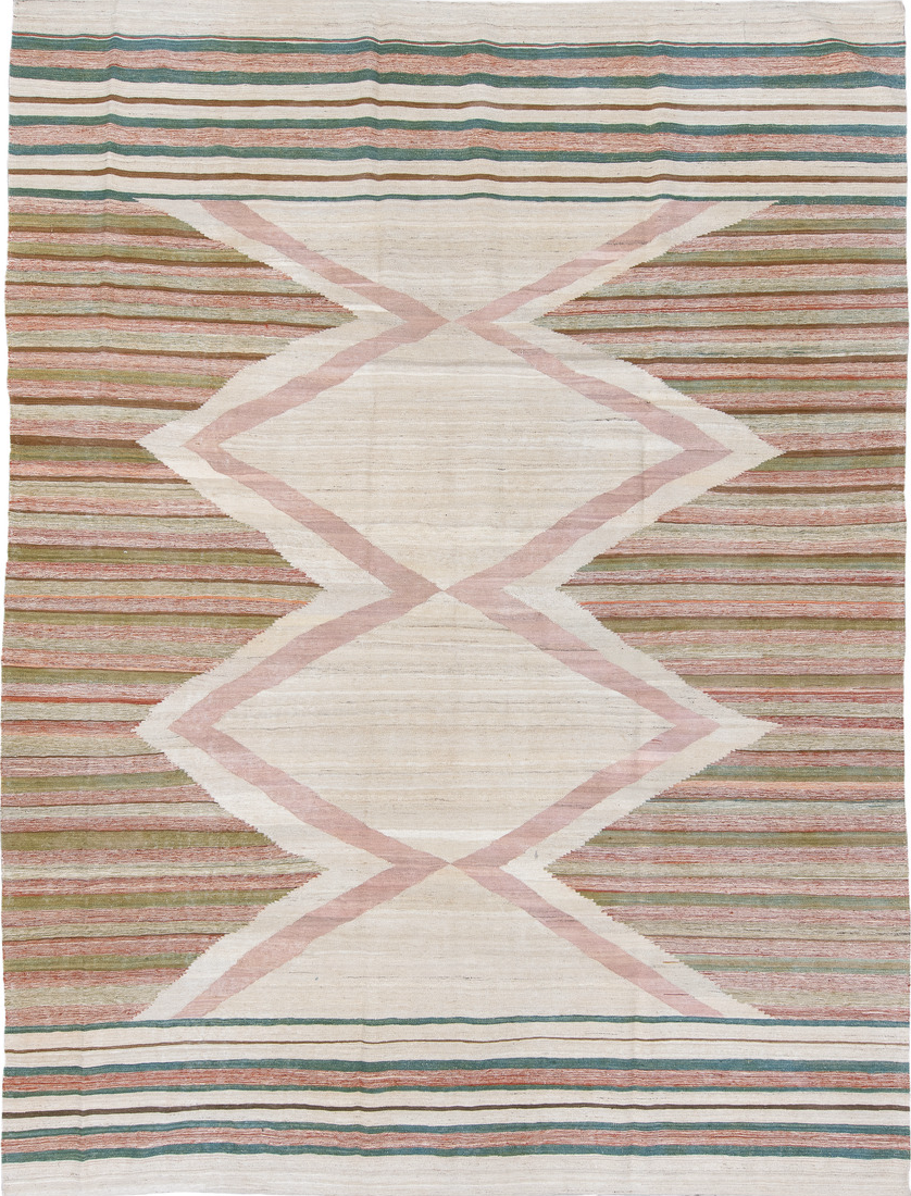 8' x 12' one-of-a-kind handmade vintage Kilim large size rug. Color palette: blue, brown, dark gray, gainsboro, gray