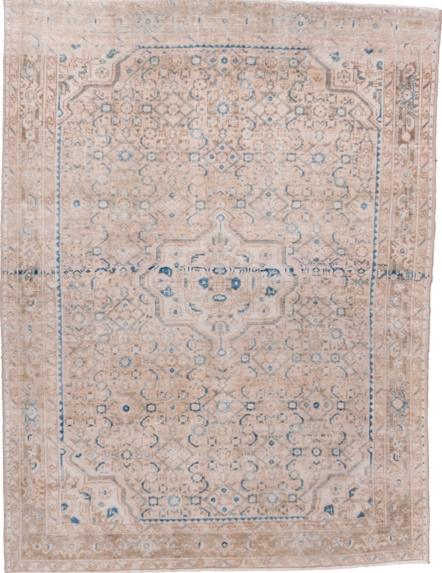 5' x 7' one-of-a-kind handmade vintage Hamadan rug. Color palette: blue, dark gray, dim gray, gainsboro, gray, light blue
