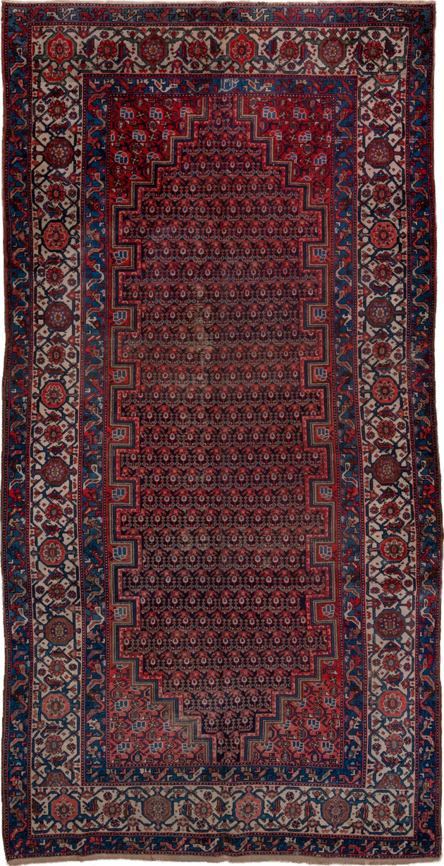 5' x 11' one-of-a-kind handmade vintage Malayer rug. Color palette: black, blue, brown, charcoal, gray, pink, red