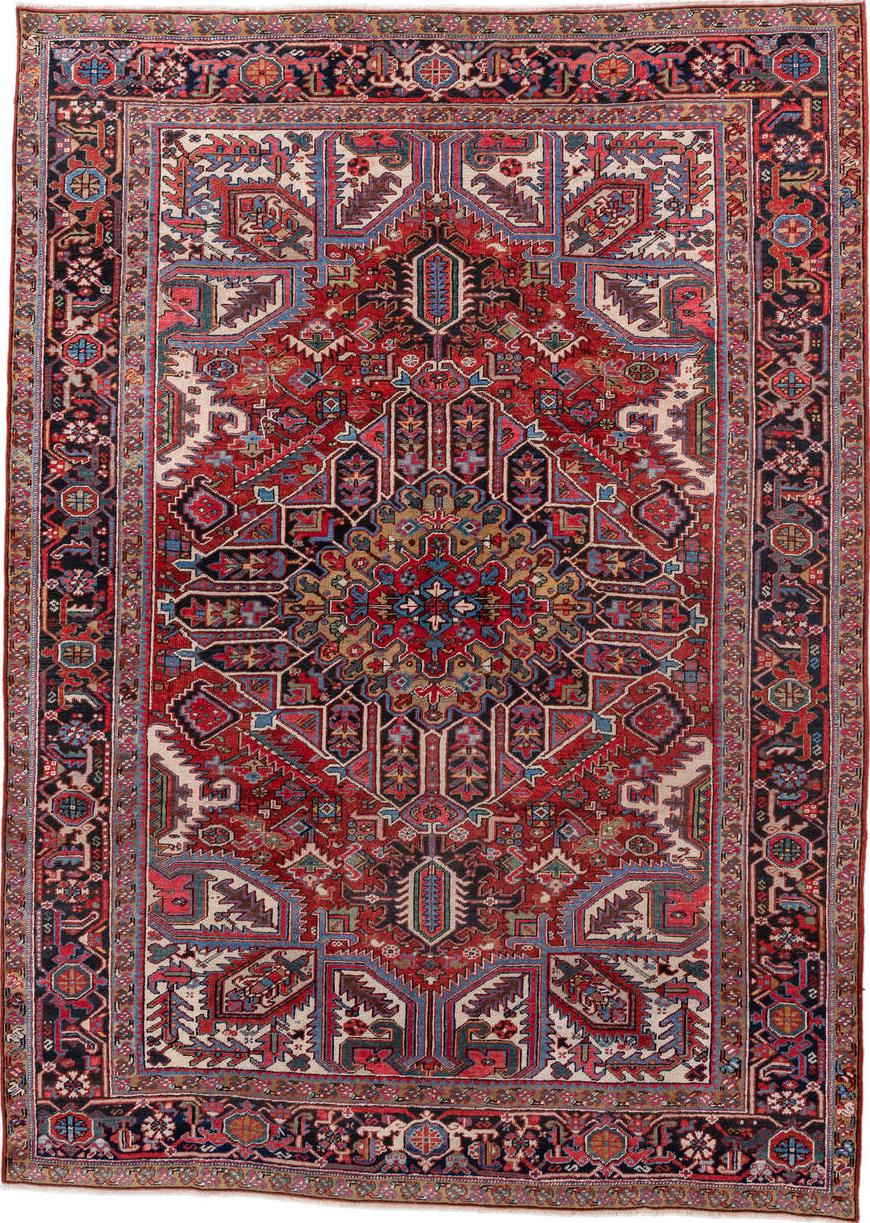 7' x 10' one-of-a-kind handmade vintage Heriz large size rug. Color palette: blue, brown, gray, indian red, light gray