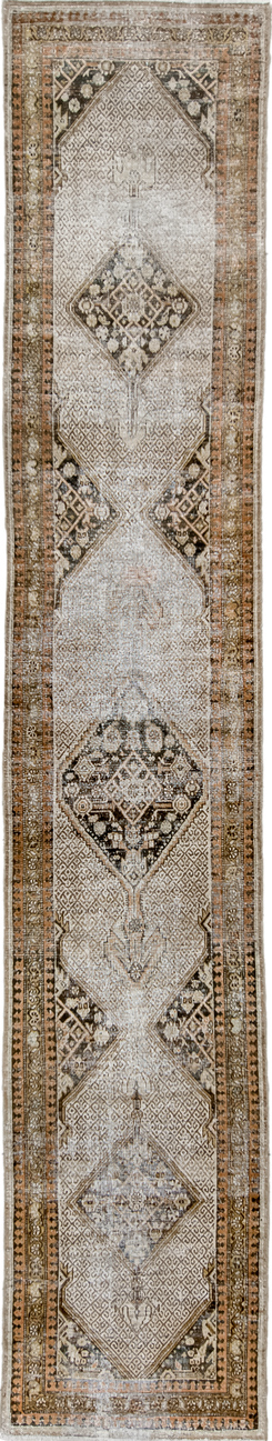 2' x 15' one-of-a-kind handmade vintage Cam Hamadan runner rug. Color palette: black, gainsboro, gray, light gray, off-white