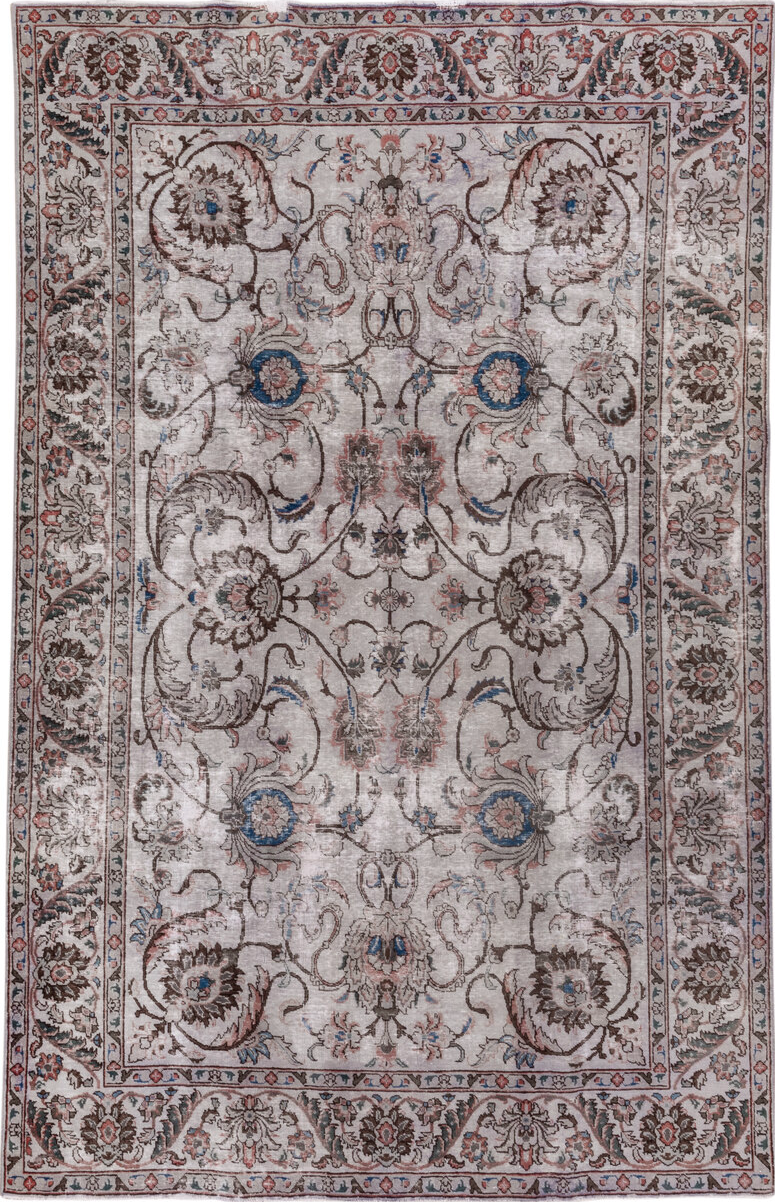 7' x 10' one-of-a-kind handmade vintage Mov large size rug. Color palette: black, blue, brown, fiord, gainsboro, gray