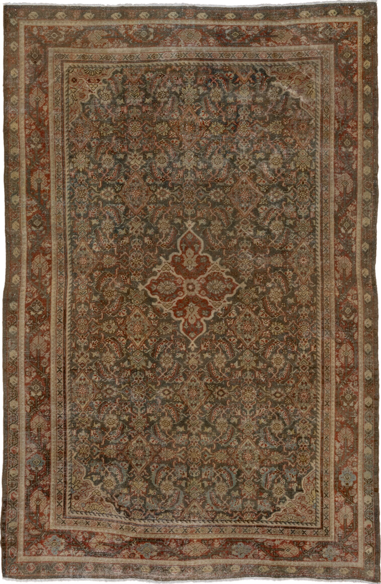 6' x 10' one-of-a-kind handmade vintage Mahal large size rug. Color palette: brown, gray, light gray