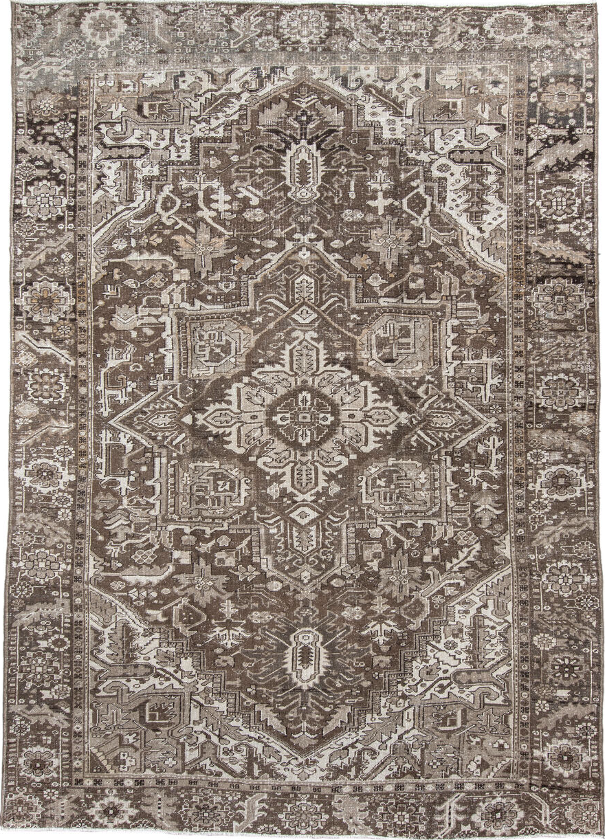 7' x 10' one-of-a-kind handmade vintage Heriz large size rug. Color palette: gray, off-white, light gray, brown, pink, linen