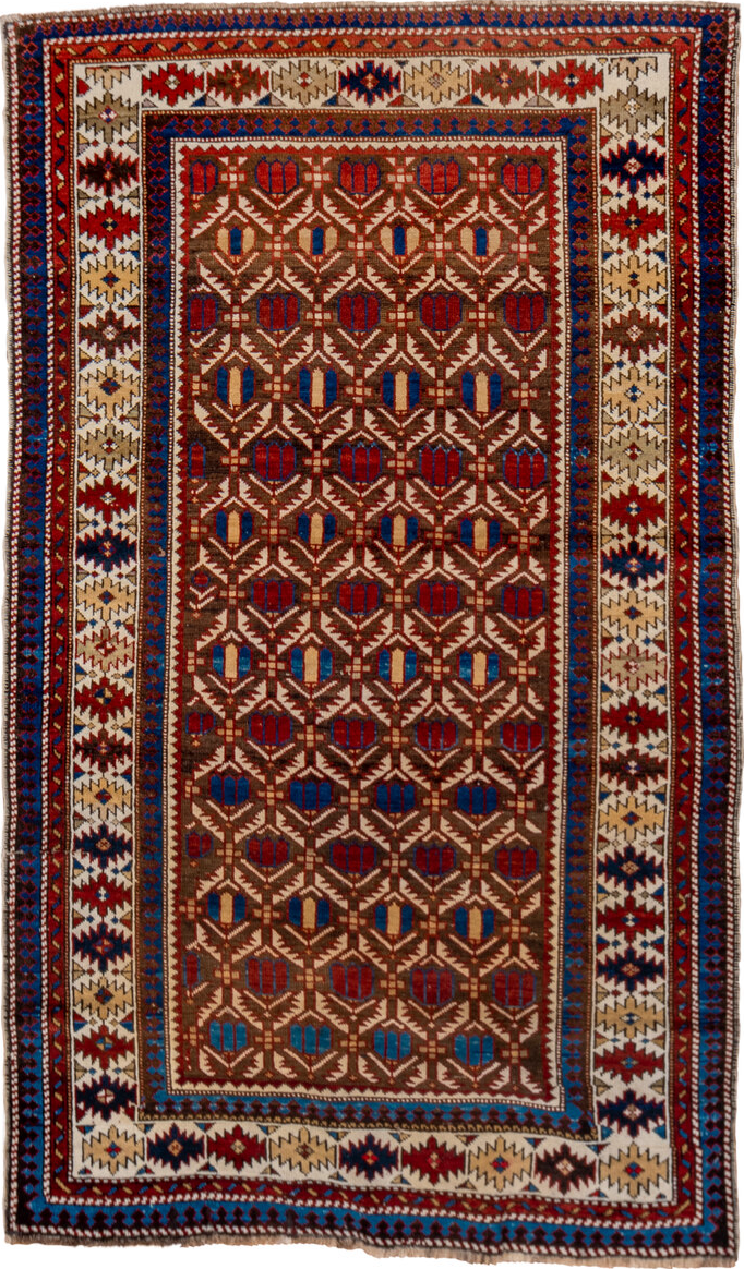 3' x 5' one-of-a-kind handmade vintage Shirvan small size rug. Color palette: blue, brown, dark gray, dark red, gray