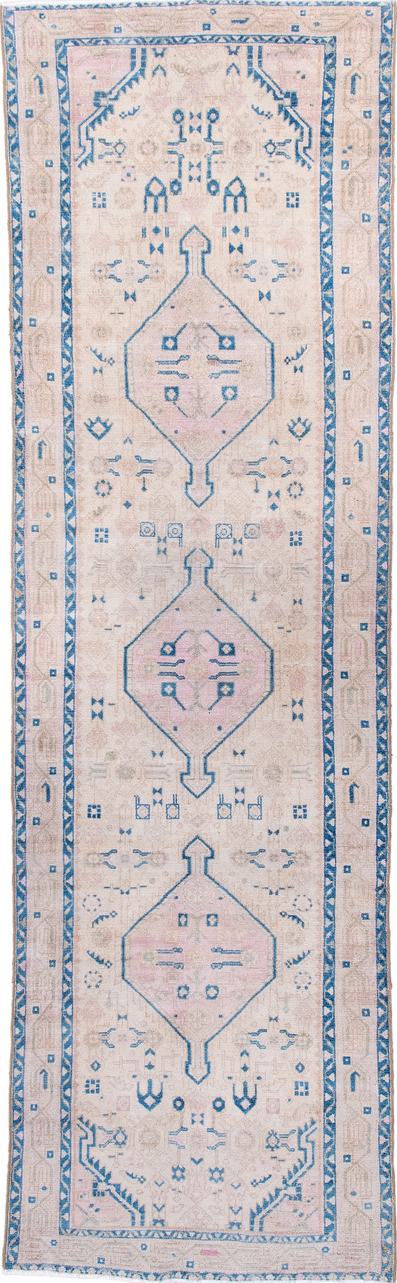 2' x 9' one-of-a-kind handmade vintage Hamadan runner rug. Color palette: blue, gray, light blue, light gray, off-white