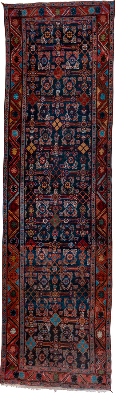 4' x 15' one-of-a-kind handmade vintage Hamadan runner rug. Color palette: black, blue, brown, fiord, gray, pink, red