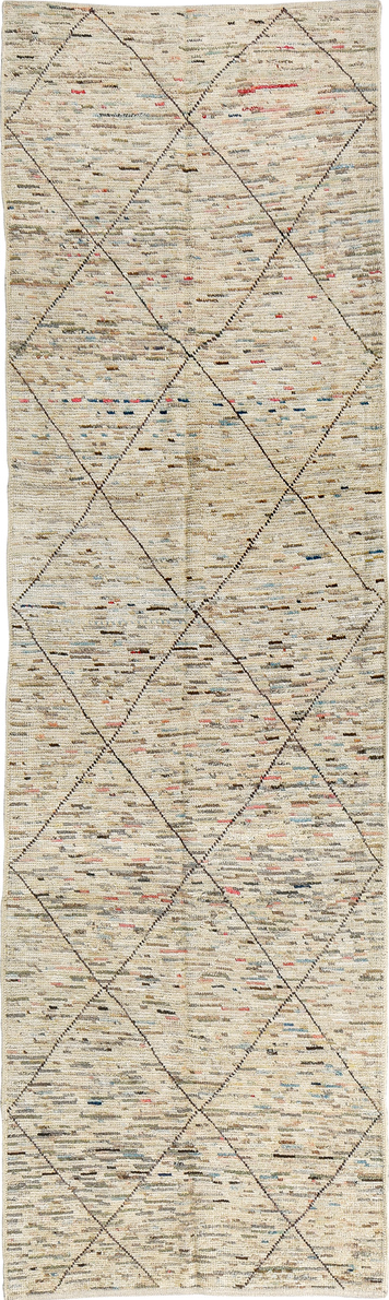 2' x 10' one-of-a-kind handmade vintage Tulu runner rug. Color palette: blue, brown, gray, light gray, off-white, pink