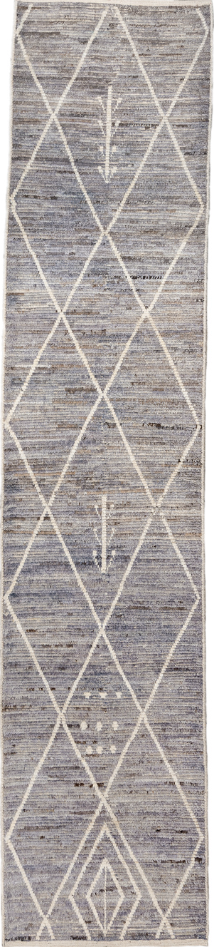 2' x 13' one-of-a-kind handmade vintage Tulu runner rug. Color palette: black, blue, brown, dark gray, dim gray