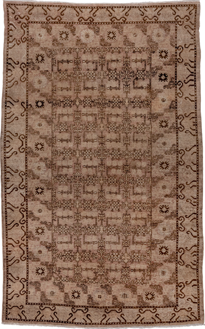 6' x 9' one-of-a-kind handmade vintage Khotan medium size rug. Color palette: black, brown, gray, light gray, pink