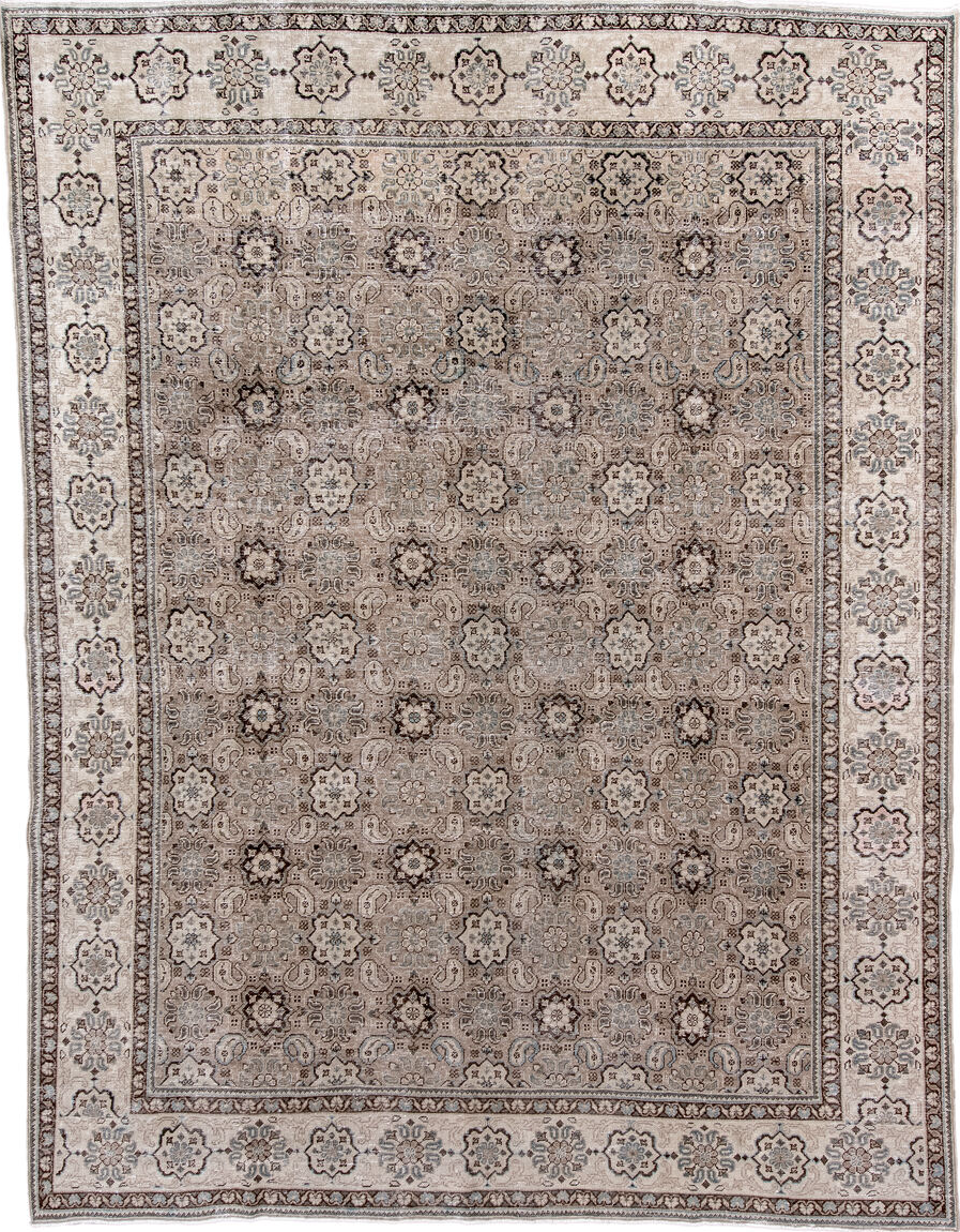 9' x 12' one-of-a-kind handmade vintage Tabriz large size rug. Color palette: black, brown, dark gray, dim gray, gray