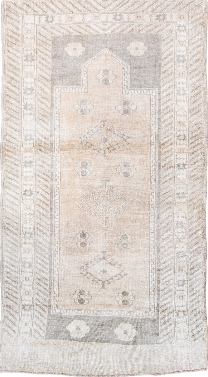 3' x 6' one-of-a-kind handmade vintage Anatol small size rug. Color palette: antiquewhite, brown, dark gray, floral white