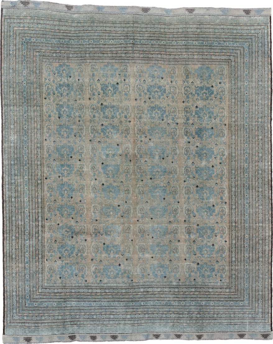 8' x 10' one-of-a-kind handmade vintage Afghan large size rug. Color palette: black, blue, dark gray, dim gray, gainsboro