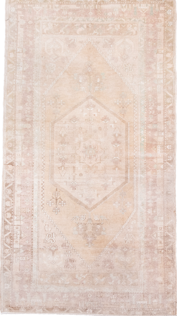 3' x 6' one-of-a-kind handmade vintage Anatol small size rug. Color palette: antiquewhite, brown, gray, light gray, linen