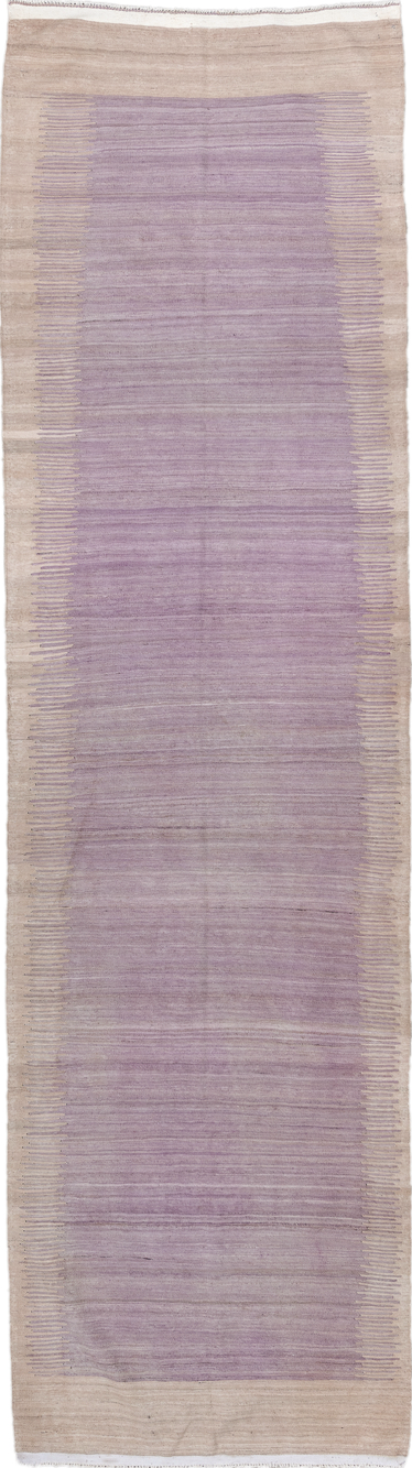 3' x 11' one-of-a-kind handmade vintage Kilim runner rug. Color palette: gray, pink, light gray, off-white, dark gray