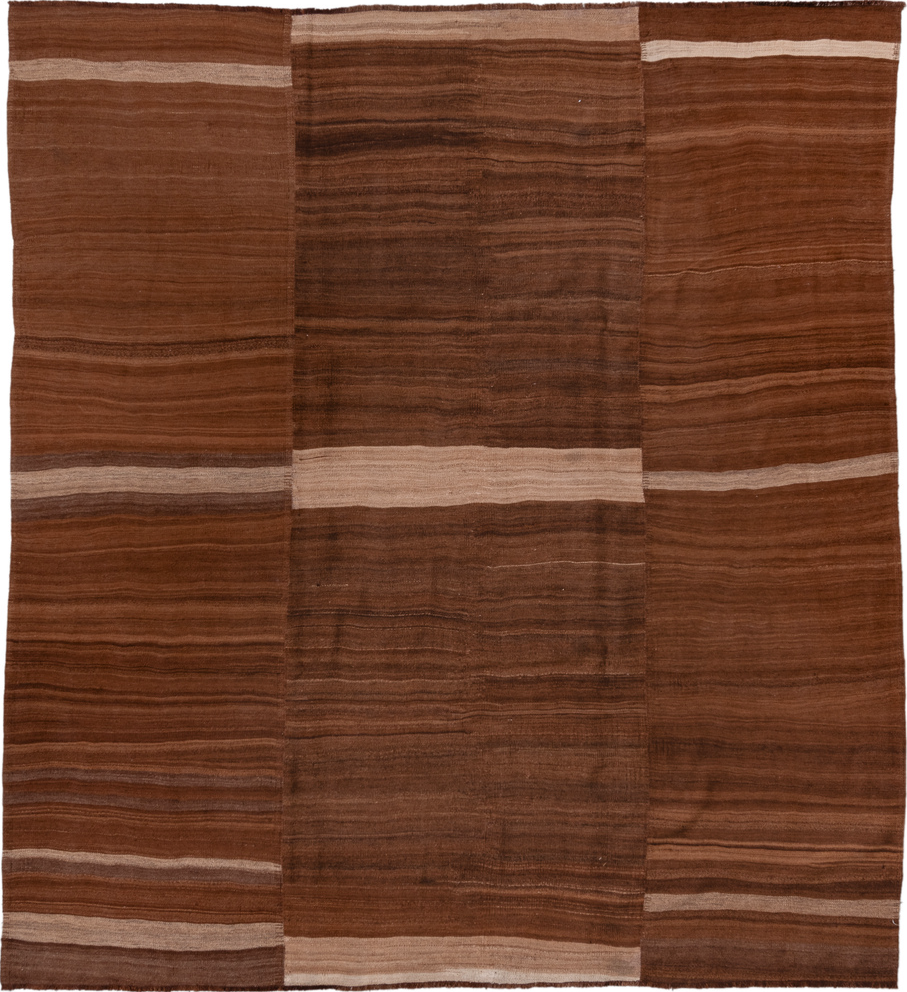 8' x 9' one-of-a-kind handmade vintage Kilim rug. Color palette: brown, gray, pink