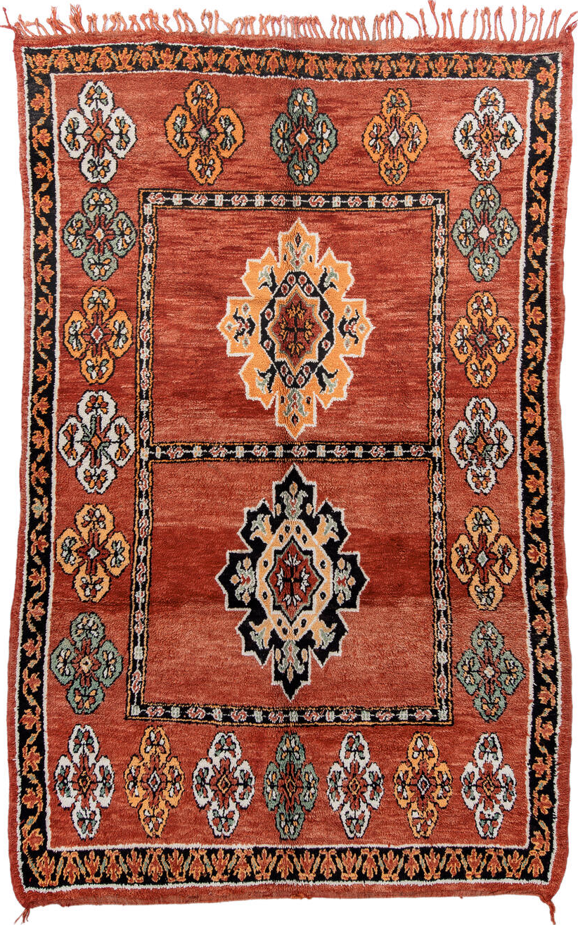 6' x 9' one-of-a-kind handmade vintage Moroccan medium size rug. Color palette: brown, orange, gray, light gray, off-white
