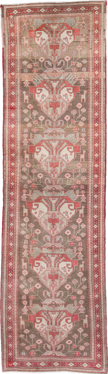 2' x 10' one-of-a-kind handmade vintage Sarab runner rug. Color palette: brown, red, pink, gray, light gray, off-white