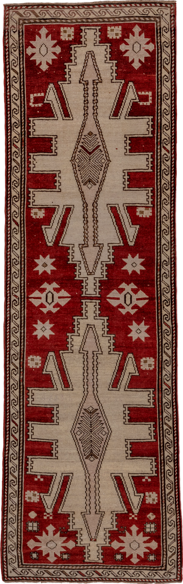 2' x 7' one-of-a-kind handmade vintage Trans Caucasian runner rug. Color palette: brown, off-white, pink, red, snow, white