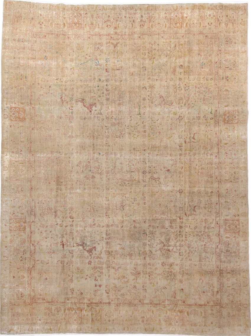 9' x 12' one-of-a-kind handmade vintage Tabriz large size rug. Color palette: brown, gray, off-white, orange, pink