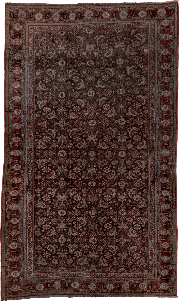 4' x 6' one-of-a-kind handmade vintage Bidjar small size rug. Color palette: black, blue, brown, gray, pink, red, redwood