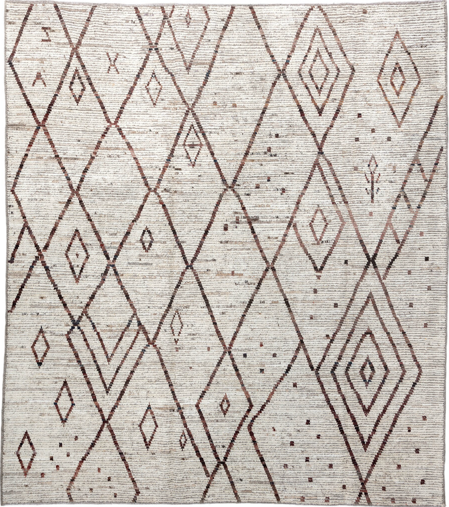 8' x 9' one-of-a-kind handmade vintage Tulu rug. Color palette: black, brown, dim gray, gainsboro, gray, light gray, linen
