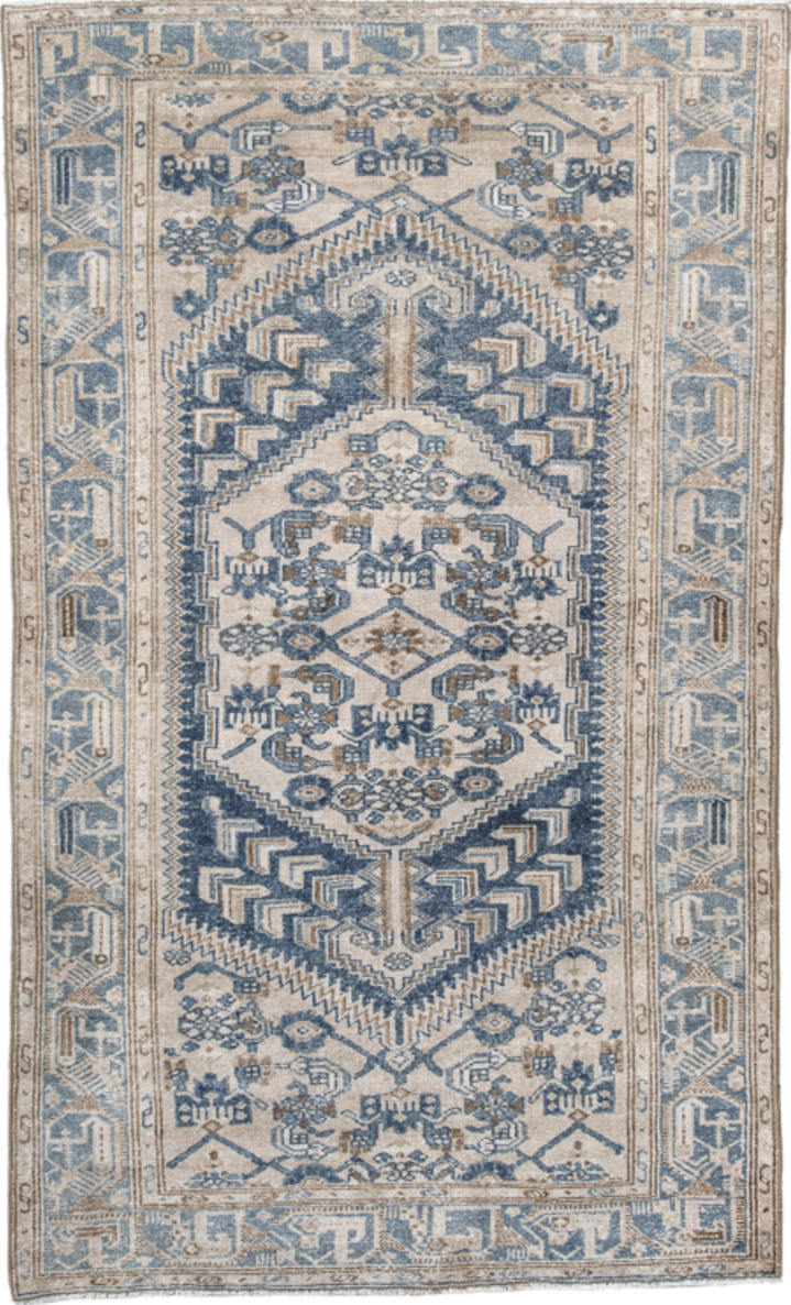 4' x 7' one-of-a-kind handmade vintage Hamadan rug. Color palette: black, blue, brown, dark gray, fiord, gray, light gray