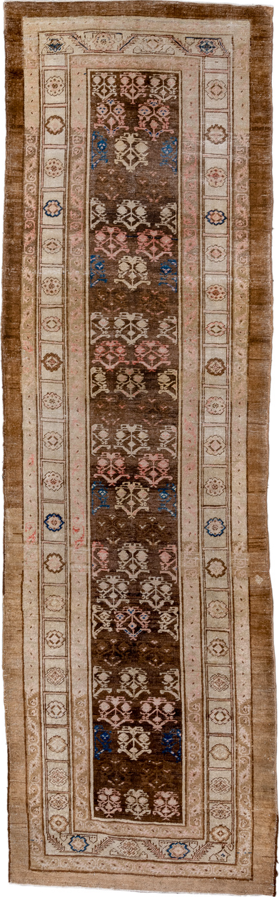 3' x 10' one-of-a-kind handmade vintage Cam Hamadan runner rug. Color palette: black, blue, brown, fiord, gray, light gray