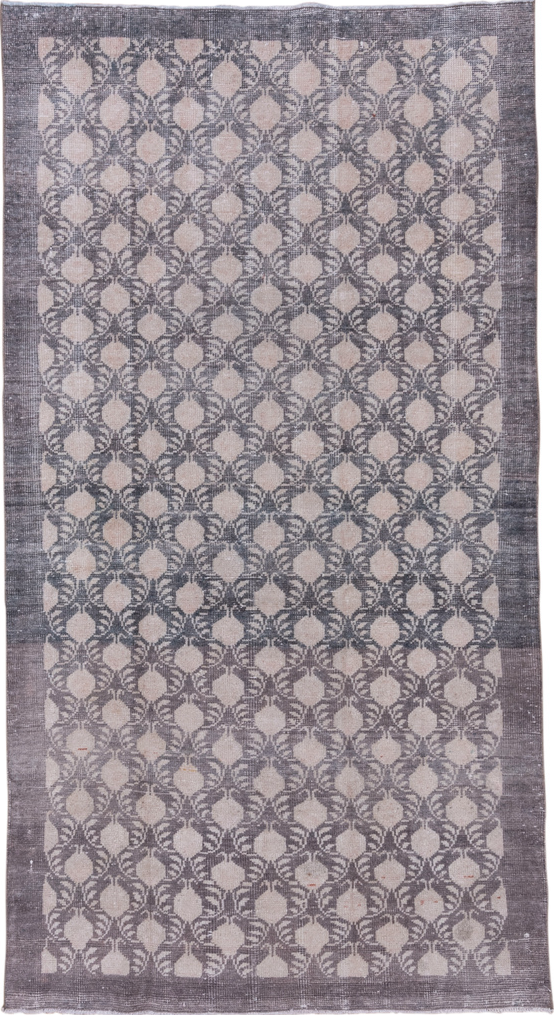 4' x 8' one-of-a-kind handmade vintage Oushak rug. Color palette: blue, dark gray, gainsboro, gray, light gray, off-white