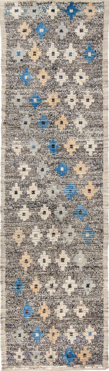 3' x 11' one-of-a-kind handmade vintage Tulu runner rug. Color palette: black, blue, brown, burlywood, dark gray, fiord