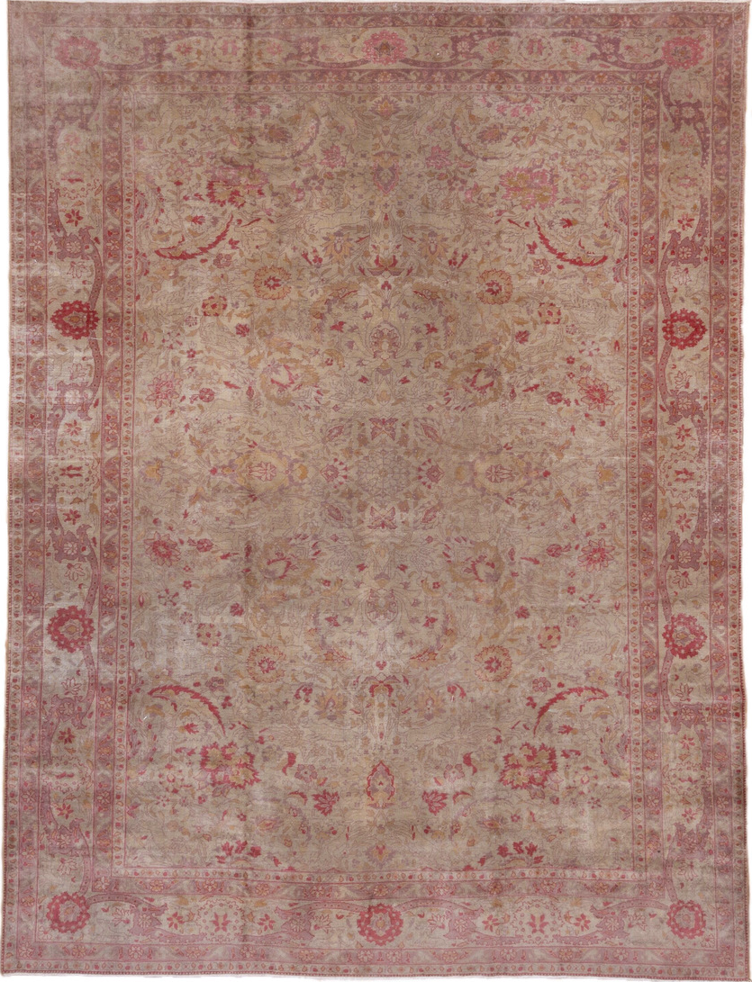 7' x 10' one-of-a-kind handmade vintage Sivas large size rug. Color palette: brown, gray, light gray, off-white, pink, red