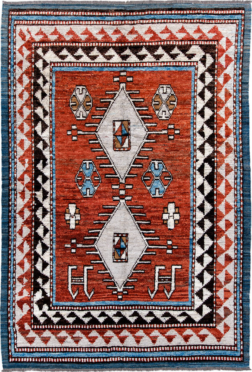 6' x 9' one-of-a-kind handmade vintage Tulu medium size rug. Color palette: blue, brown, dark gray, gainsboro, gray