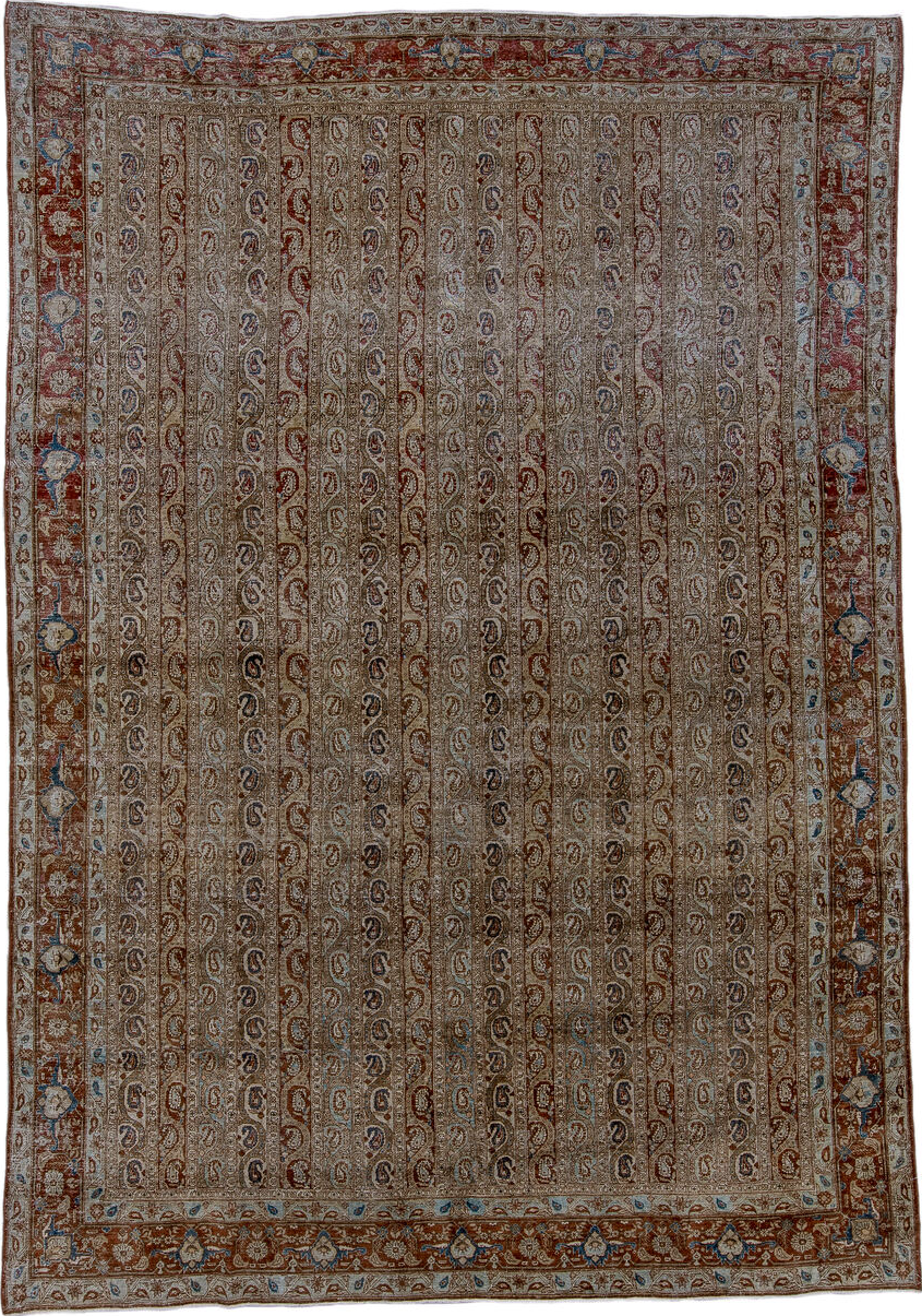 7' x 10' one-of-a-kind handmade vintage Qum large size rug. Color palette: brown, dim gray, gray, light gray, off-white