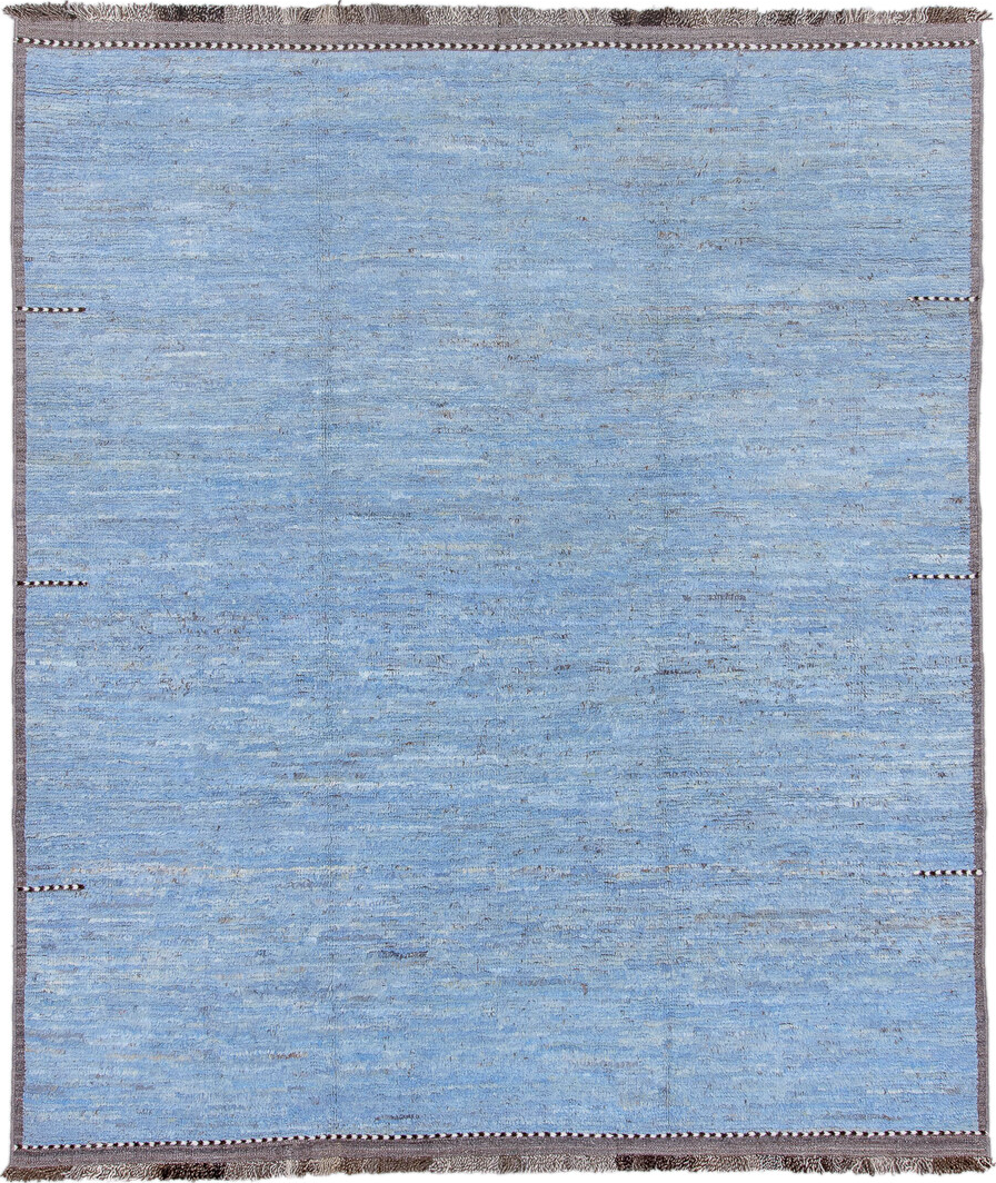 8' x 9' one-of-a-kind handmade vintage Tulu rug. Color palette: black, blue, charcoal, fiord, gray, light blue, light gray