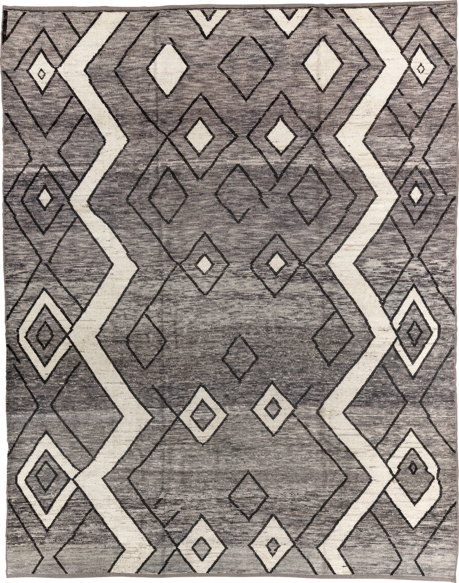 9' x 11' one-of-a-kind handmade vintage Tulu large size rug. Color palette: black, charcoal, dark gray, dim gray, gray