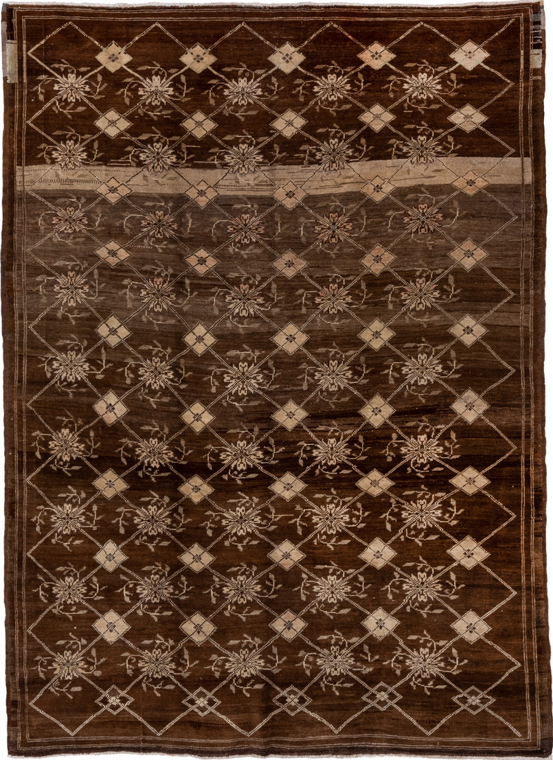 7' x 9' one-of-a-kind handmade vintage Kars rug. Color palette: brown, gray, off-white, pink, snow, white, whitesmoke