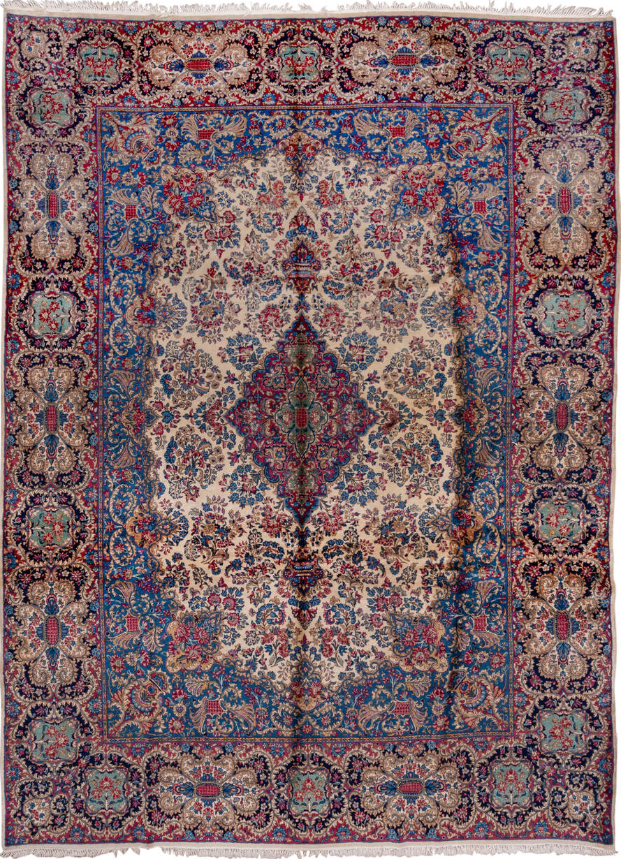 8' x 12' one-of-a-kind handmade vintage Kerman large size rug. Color palette: blue, brown, dark gray, fiord, gray