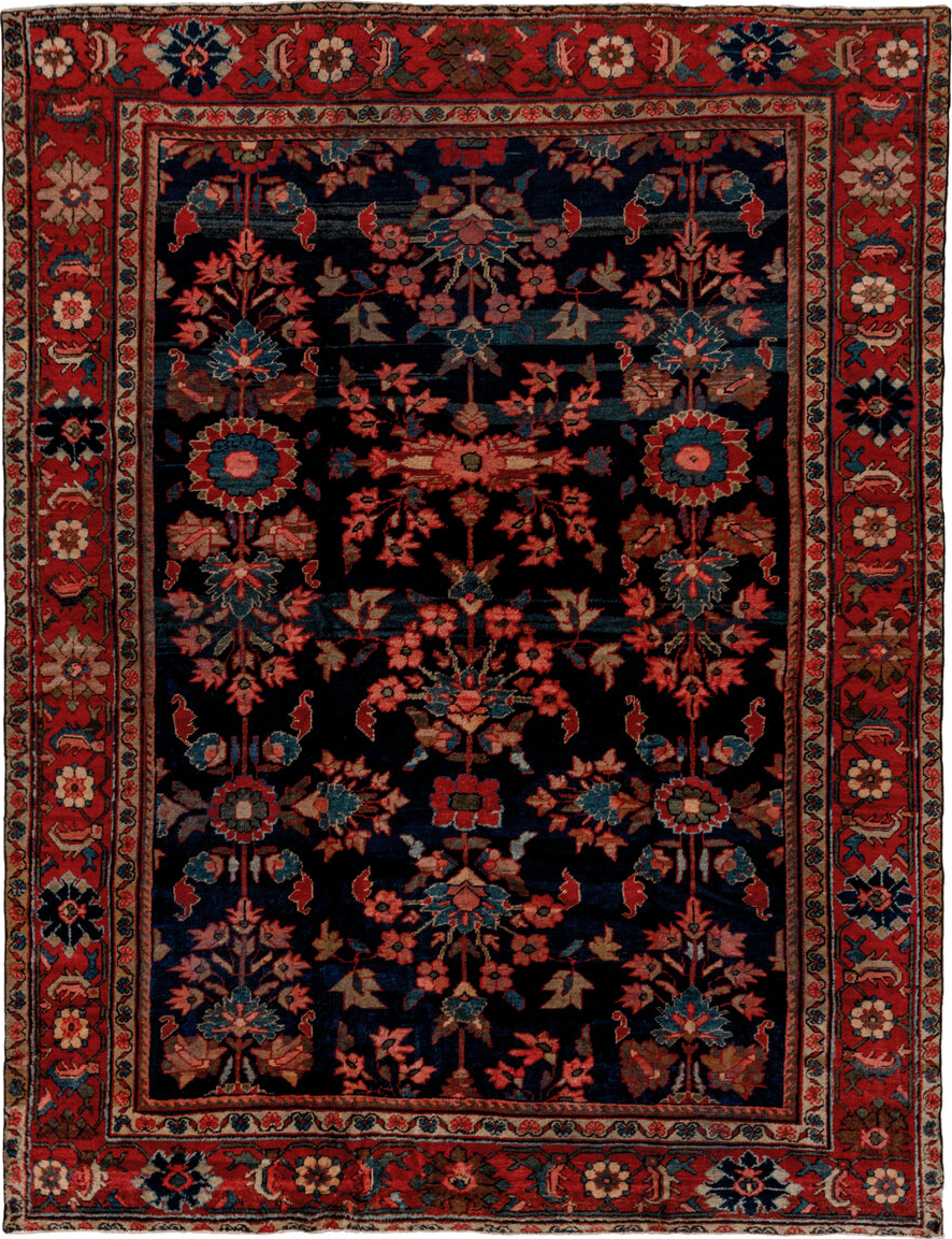 9' x 12' one-of-a-kind handmade vintage Mahal large size rug. Color palette: black, blue, brown, gray, off-white, pink, red