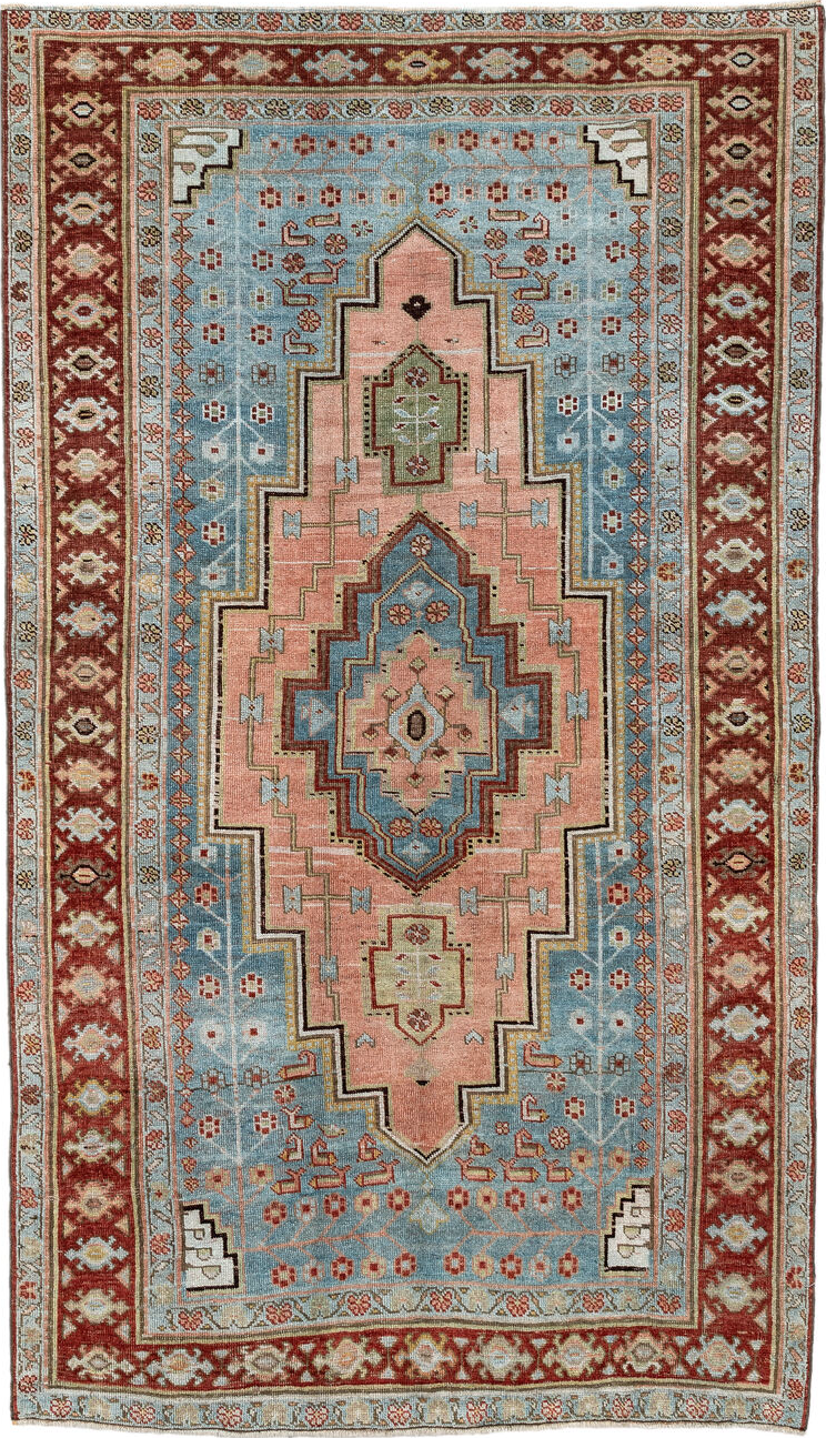 4' x 7' one-of-a-kind handmade vintage Bidjar rug. Color palette: gray, light gray, off-white, brown, pink, orange, blue