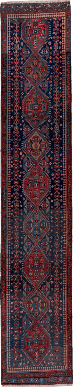 2' x 13' one-of-a-kind handmade vintage Heriz runner rug. Color palette: gray, blue, pink, red, brown, black, off-white