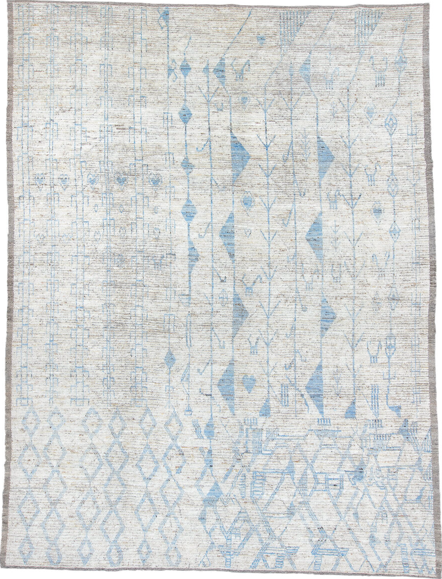 9' x 12' one-of-a-kind handmade vintage Tulu large size rug. Color palette: black, blue, dark gray, gainsboro, gray