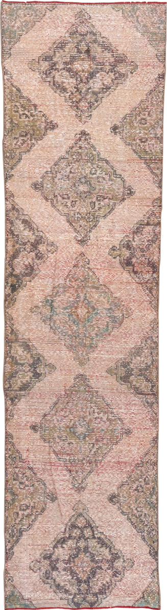 2' x 10' one-of-a-kind handmade vintage Oushak runner rug. Color palette: brown, gray, light gray, off-white, orange, pink