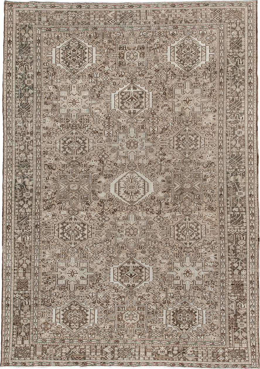 7' x 10' one-of-a-kind handmade vintage Karaje large size rug. Color palette: black, brown, gray, light gray, off-white