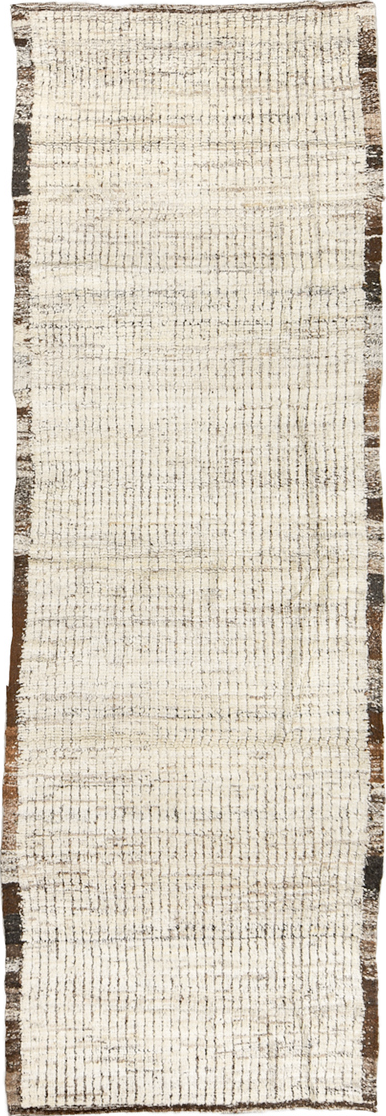 3' x 9' one-of-a-kind handmade vintage Tulu runner rug. Color palette: brown, dark gray, gainsboro, gray, light gray