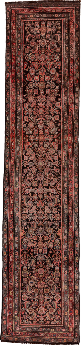 3' x 15' one-of-a-kind handmade vintage Malayer runner rug. Color palette: brown, gray, pink, red