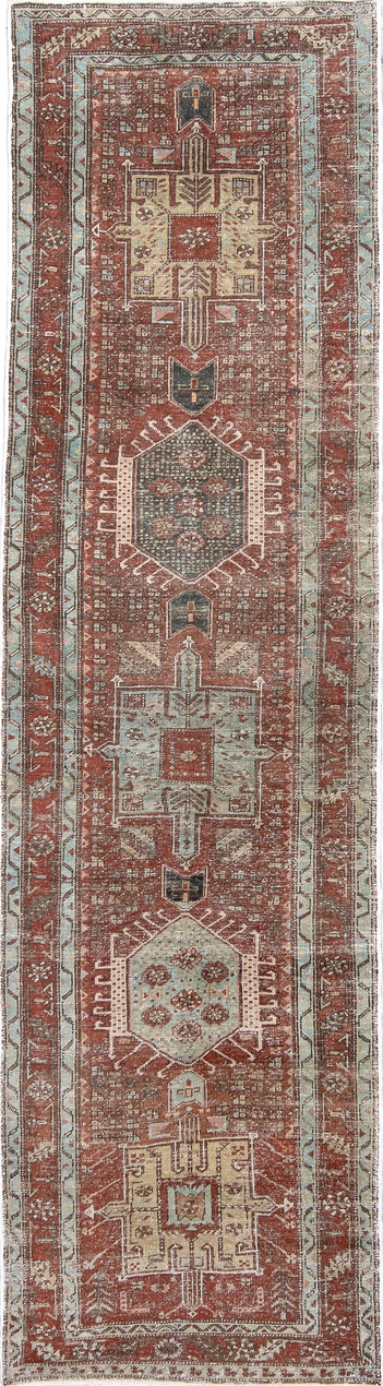 2' x 10' one-of-a-kind handmade vintage Karaje runner rug. Color palette: antiquewhite, brown, dark gray, gray, light gray