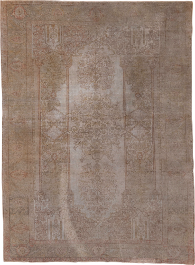 4' x 6' one-of-a-kind handmade vintage Kaisary small size rug. Color palette: brown, gray, light gray, off-white, pink, snow
