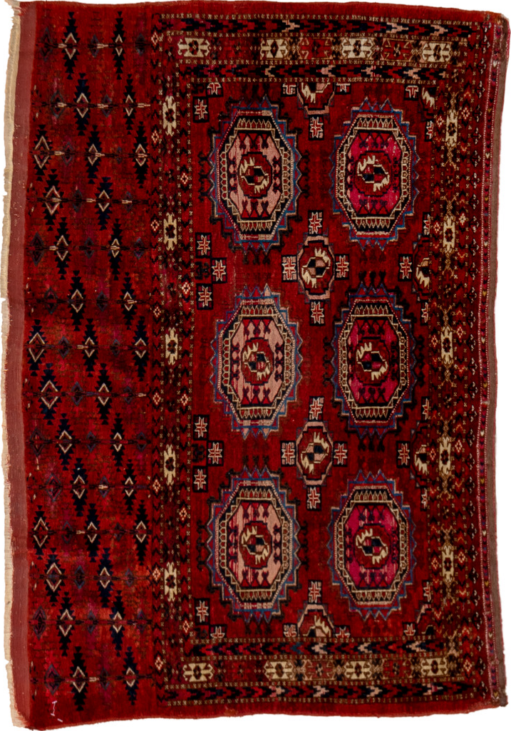 2' x 4' one-of-a-kind handmade vintage Teke small size rug. Color palette: blue, brown, burgundy, dark red, gray, maroon