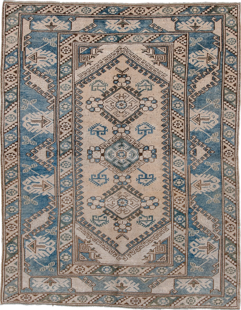 4' x 5' one-of-a-kind handmade vintage Oushak small size rug. Color palette: arapawa, black, blue, brown, charcoal, gray